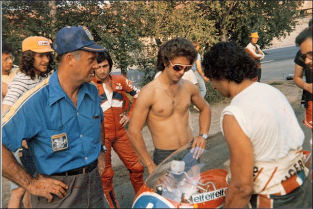Graziano Rossi, Maurizio Massimiani, Johnny Cecotto and Michel Rougerie Imatra 78 .jpg
